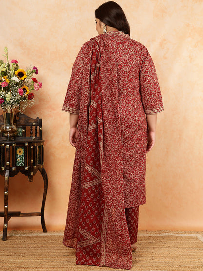 Cotton Calf Length Printed Straight 3/4 Sleeves V-Neck Kurta, Bottom With Dupatta (Preorder)