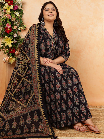 Cotton Calf Length Printed Semi-Flared 3/4 Sleeves V-Neck Kurta, Bottom With Dupatta (Preorder)