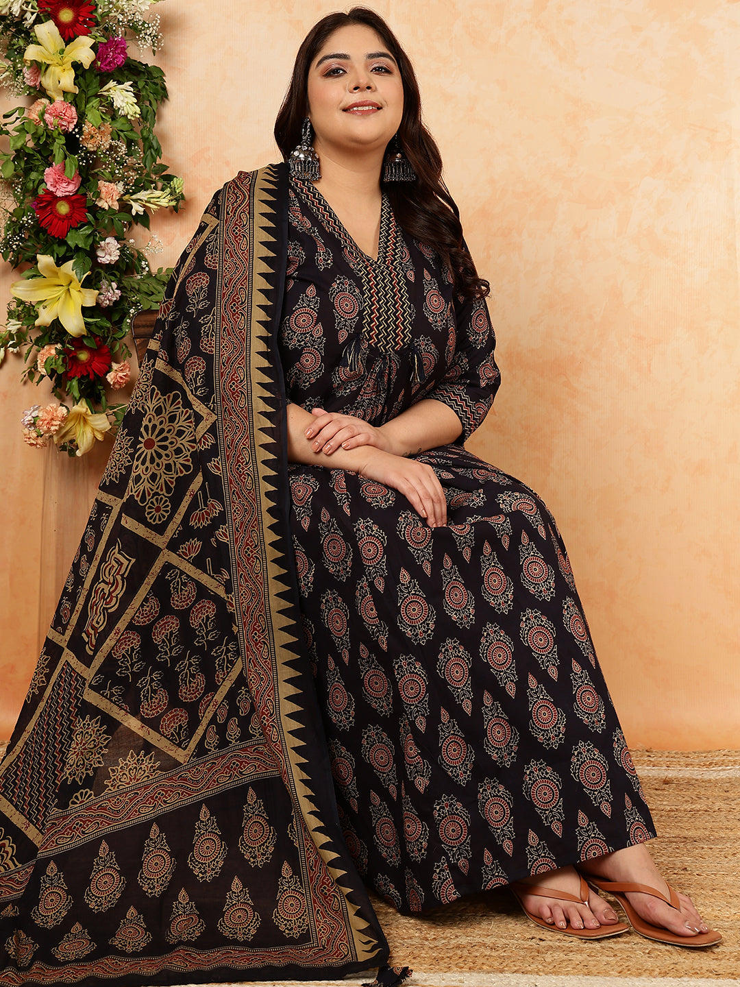 Cotton Calf Length Printed Semi-Flared 3/4 Sleeves V-Neck Kurta, Bottom With Dupatta