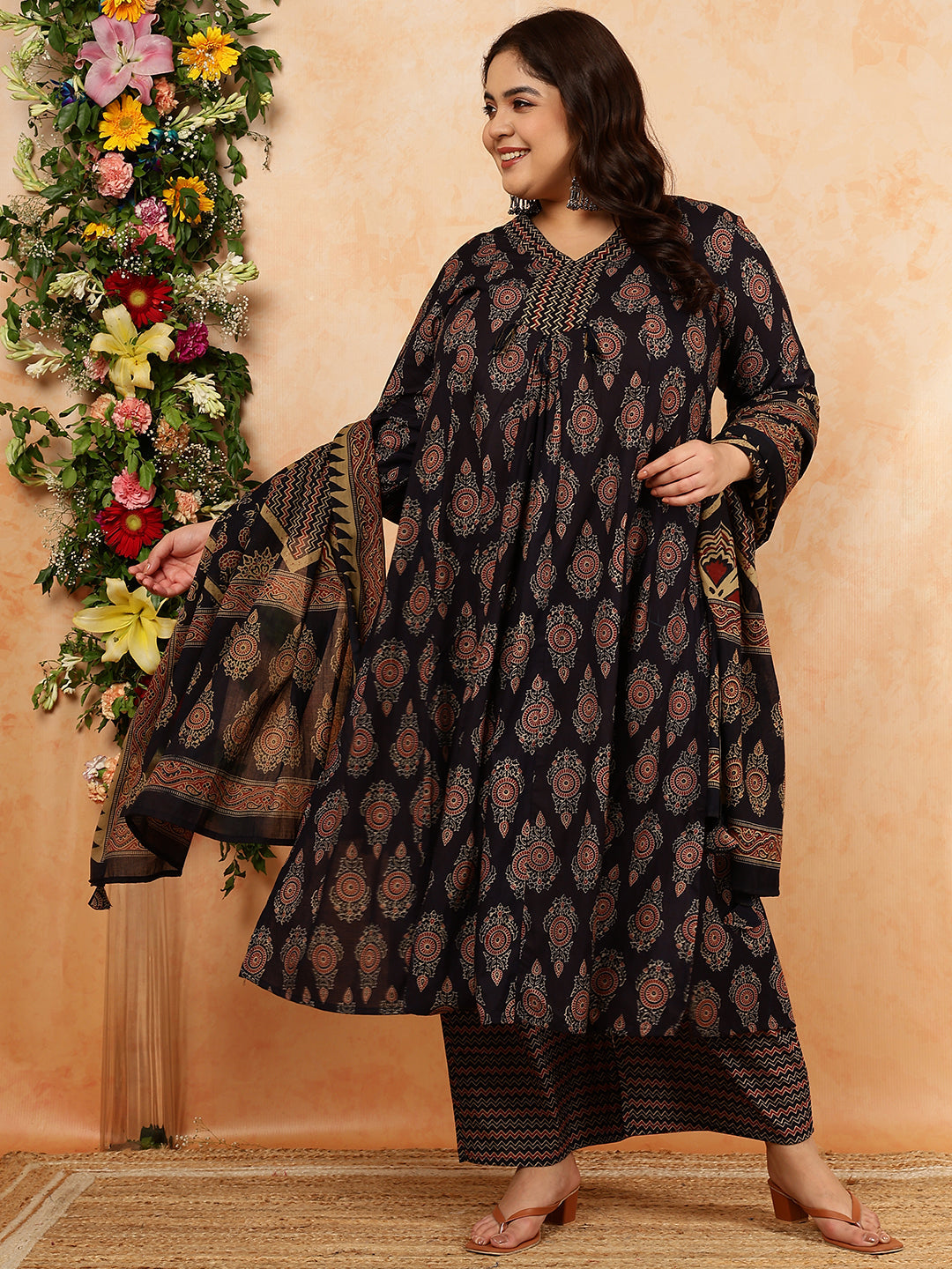 Cotton Calf Length Printed Semi-Flared 3/4 Sleeves V-Neck Kurta, Bottom With Dupatta (Preorder)