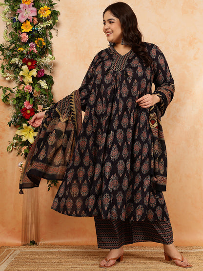 Cotton Calf Length Printed Semi-Flared 3/4 Sleeves V-Neck Kurta, Bottom With Dupatta (Preorder)