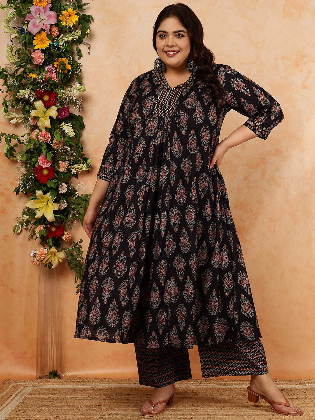 Cotton Calf Length Printed Semi-Flared 3/4 Sleeves V-Neck Kurta, Bottom With Dupatta (Preorder)