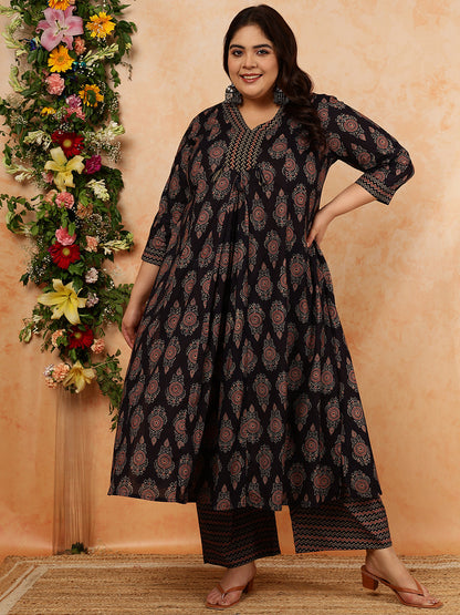 Cotton Calf Length Printed Semi-Flared 3/4 Sleeves V-Neck Kurta, Bottom With Dupatta