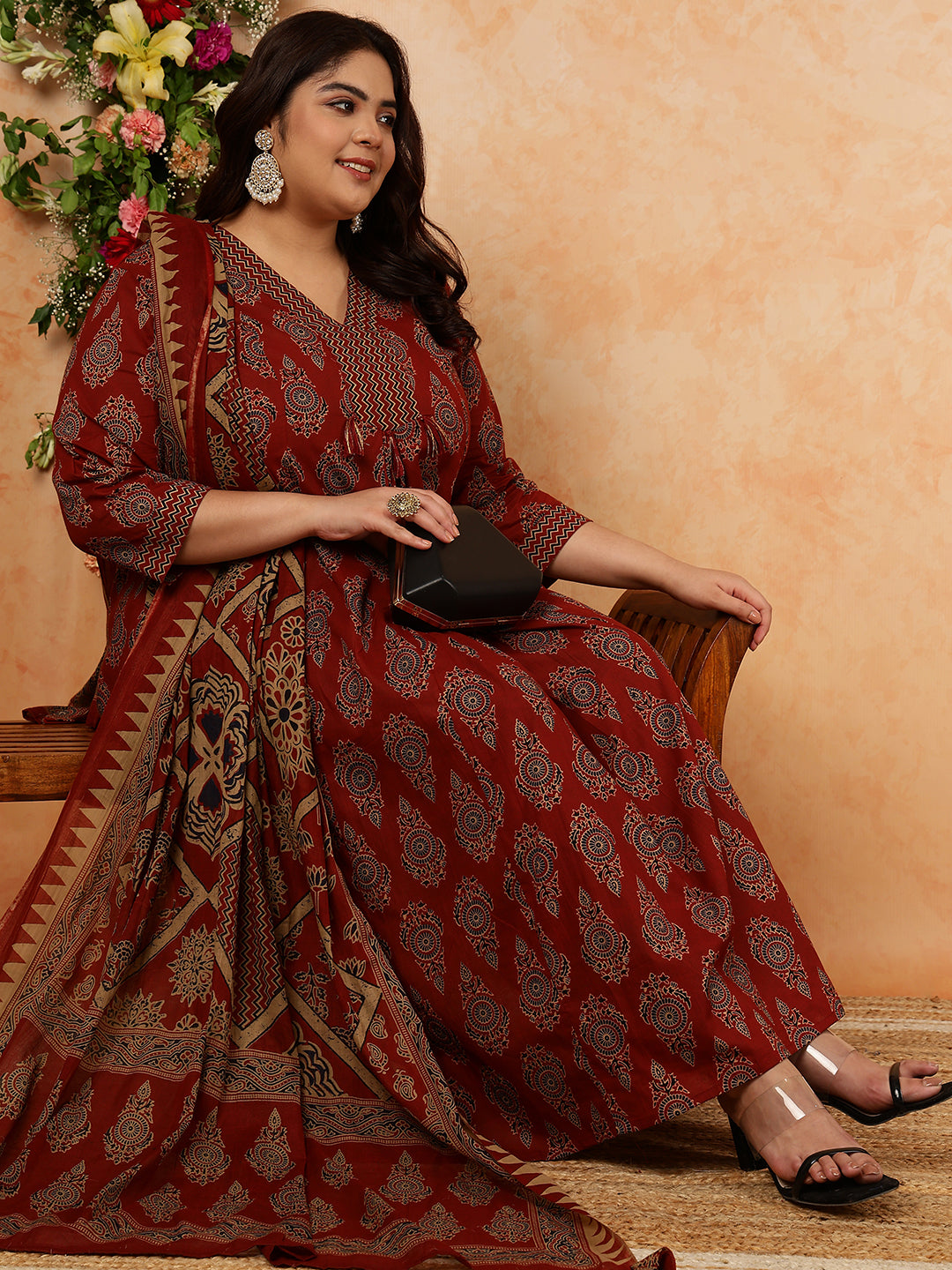 Cotton Calf Length Printed Semi-Flared 3/4 Sleeves V-Neck Kurta, Bottom With Dupatta