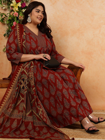 Cotton Calf Length Printed Semi-Flared 3/4 Sleeves V-Neck Kurta, Bottom With Dupatta (Preorder)