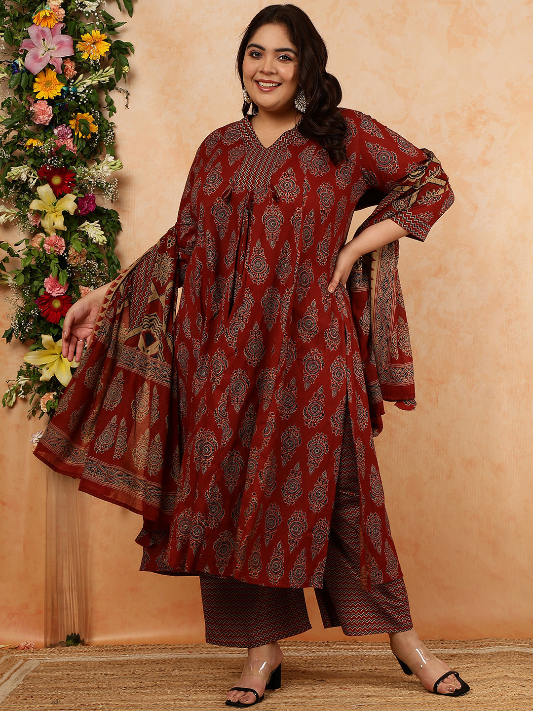 Cotton Calf Length Printed Semi-Flared 3/4 Sleeves V-Neck Kurta, Bottom With Dupatta (Preorder)