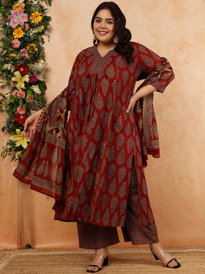 Cotton Calf Length Printed Semi-Flared 3/4 Sleeves V-Neck Kurta, Bottom With Dupatta (Preorder)