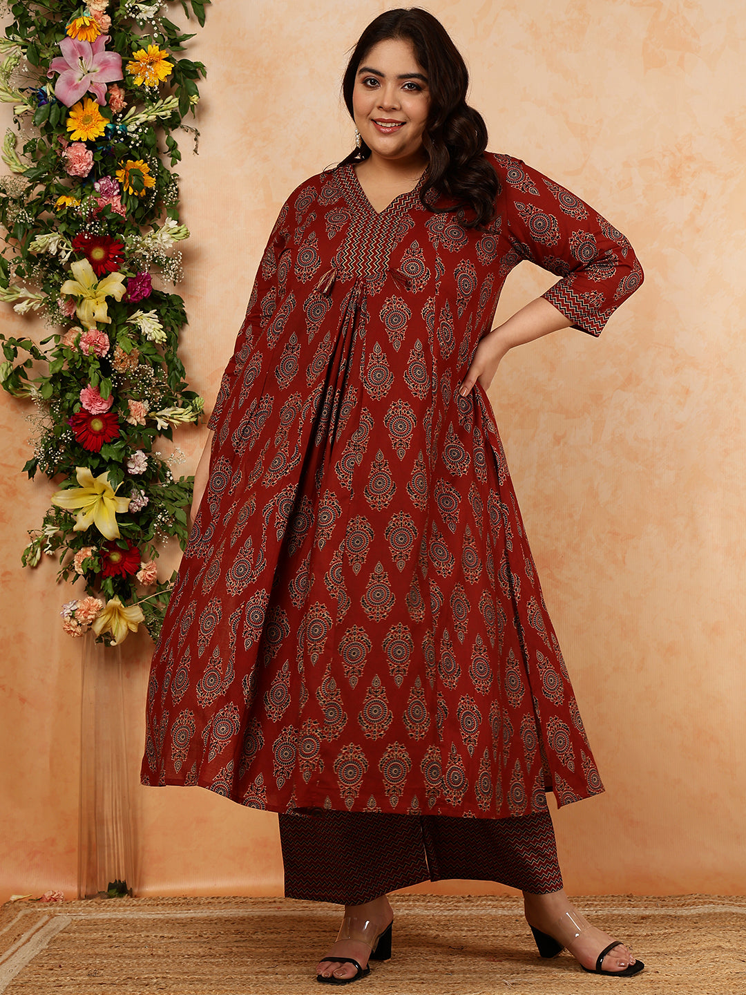 Cotton Calf Length Printed Semi-Flared 3/4 Sleeves V-Neck Kurta, Bottom With Dupatta (Preorder)
