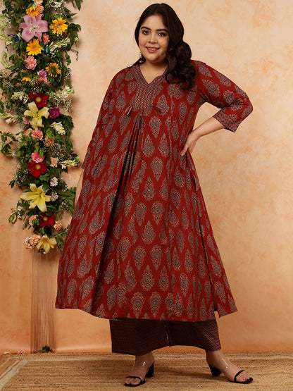 Cotton Calf Length Printed Semi-Flared 3/4 Sleeves V-Neck Kurta, Bottom With Dupatta