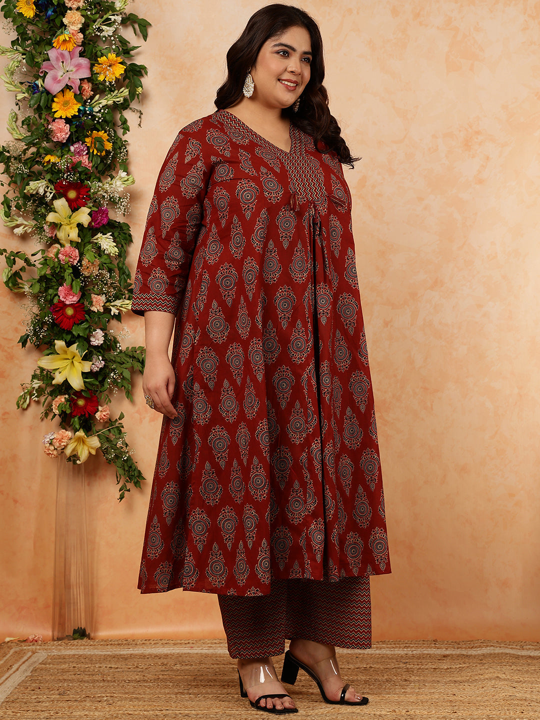 Cotton Calf Length Printed Semi-Flared 3/4 Sleeves V-Neck Kurta, Bottom With Dupatta