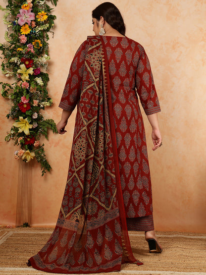 Cotton Calf Length Printed Semi-Flared 3/4 Sleeves V-Neck Kurta, Bottom With Dupatta