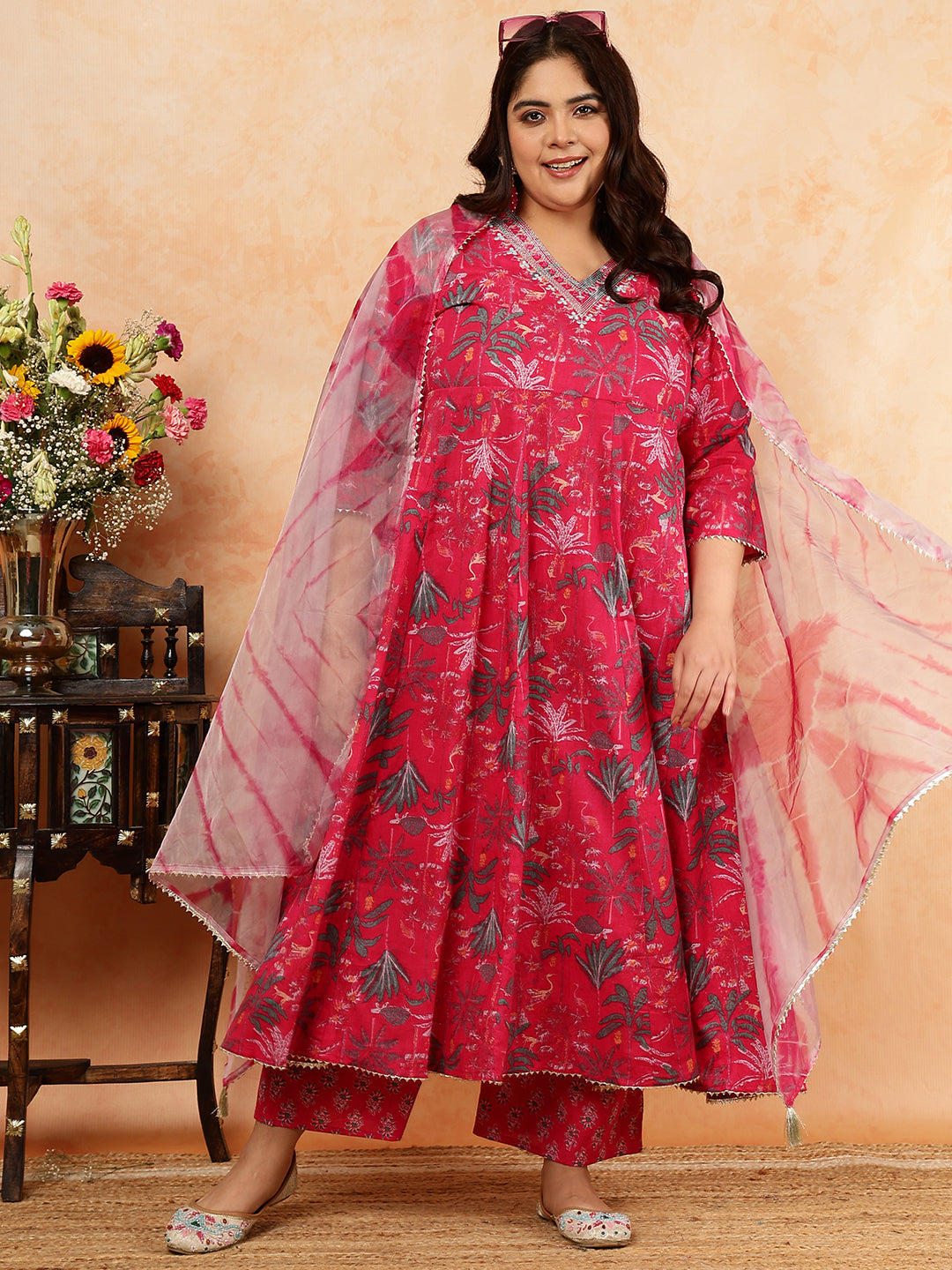 Cotton Calf Length Printed Semi-Flared 3/4 Sleeves V-Neck Kurta, Bottom With Dupatta