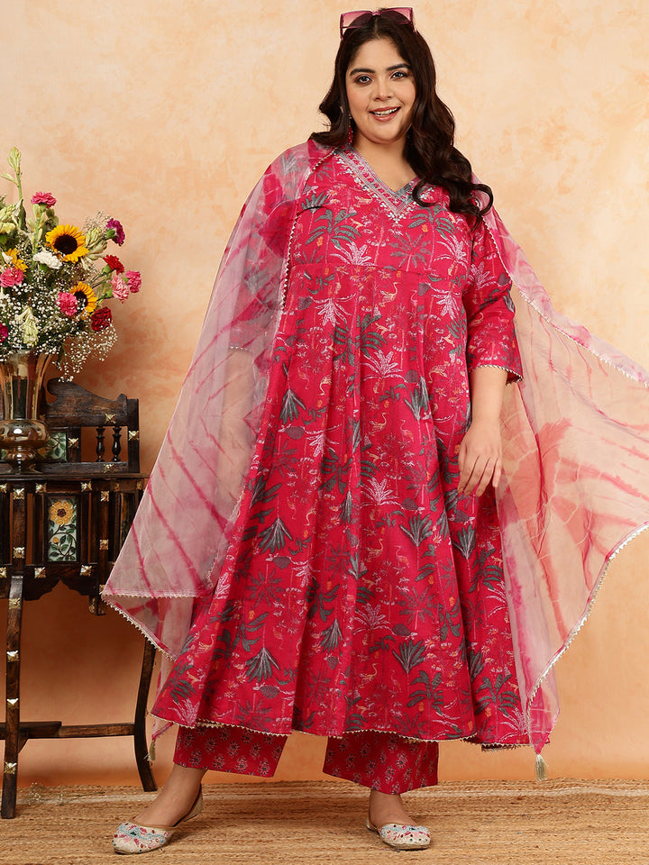 Cotton Calf Length Printed Semi-Flared 3/4 Sleeves V-Neck Kurta, Bottom With Dupatta