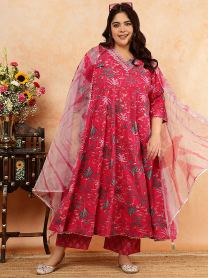 Cotton Calf Length Printed Semi-Flared 3/4 Sleeves V-Neck Kurta, Bottom With Dupatta (Preorder)