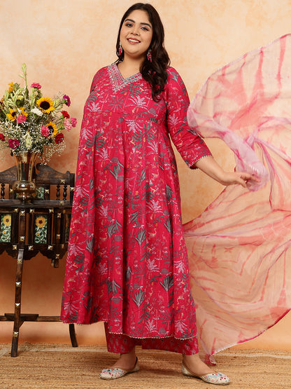 Cotton Calf Length Printed Semi-Flared 3/4 Sleeves V-Neck Kurta, Bottom With Dupatta (Preorder)