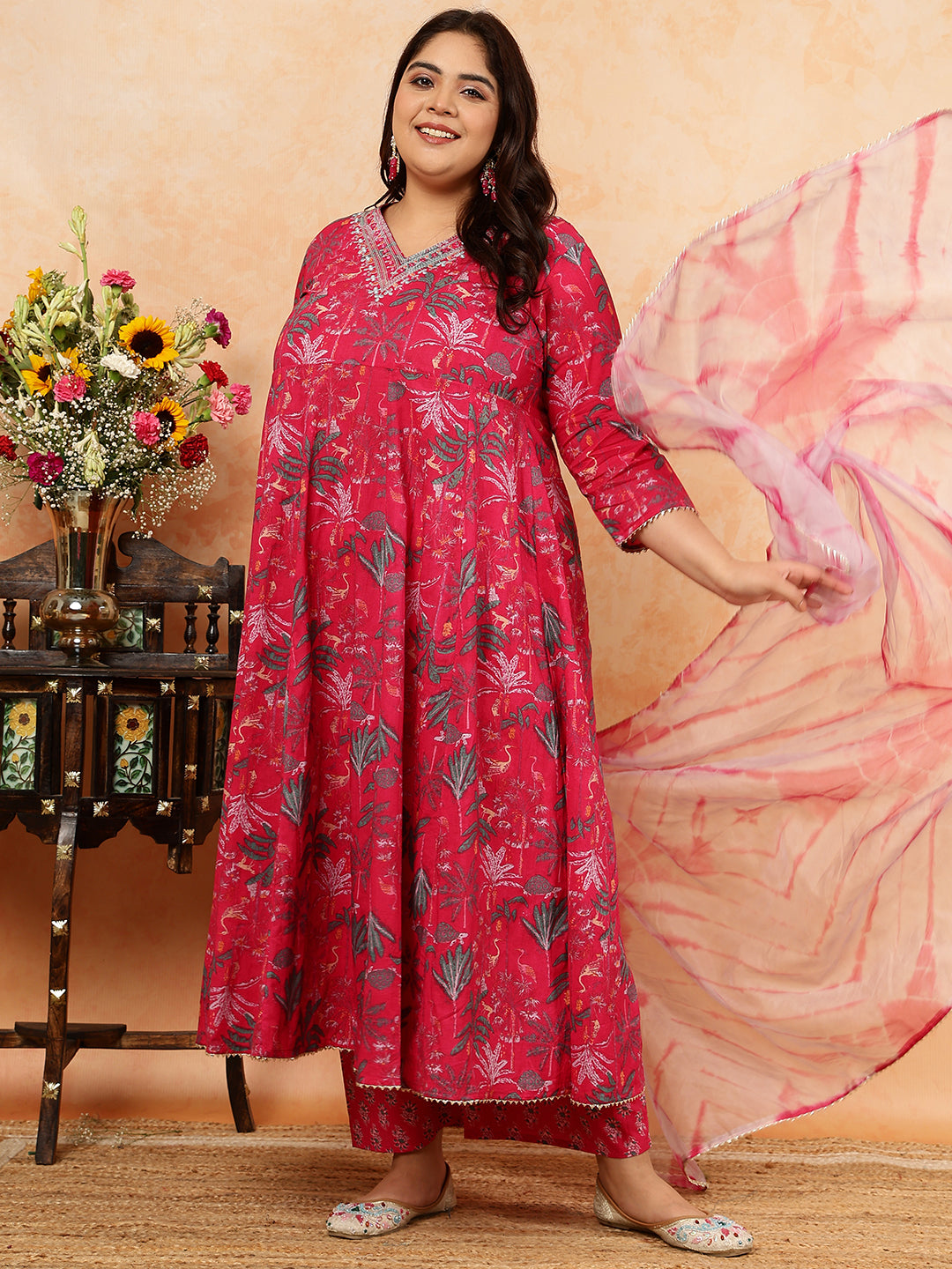 Cotton Calf Length Printed Semi-Flared 3/4 Sleeves V-Neck Kurta, Bottom With Dupatta