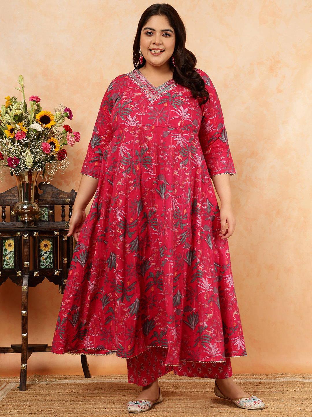 Cotton Calf Length Printed Semi-Flared 3/4 Sleeves V-Neck Kurta, Bottom With Dupatta (Preorder)