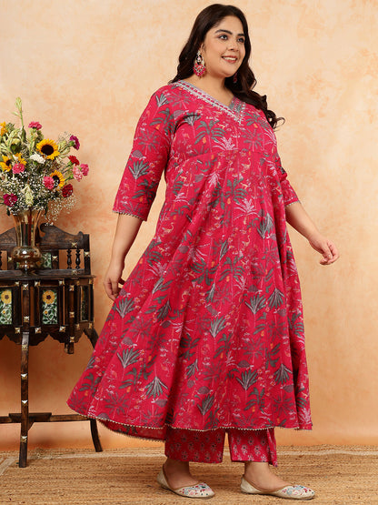 Cotton Calf Length Printed Semi-Flared 3/4 Sleeves V-Neck Kurta, Bottom With Dupatta