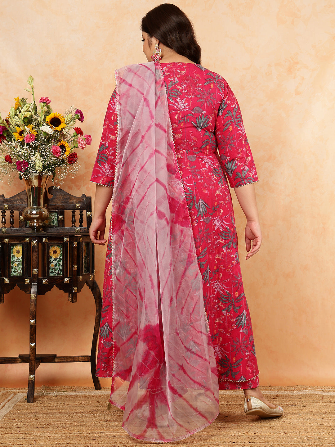 Cotton Calf Length Printed Semi-Flared 3/4 Sleeves V-Neck Kurta, Bottom With Dupatta