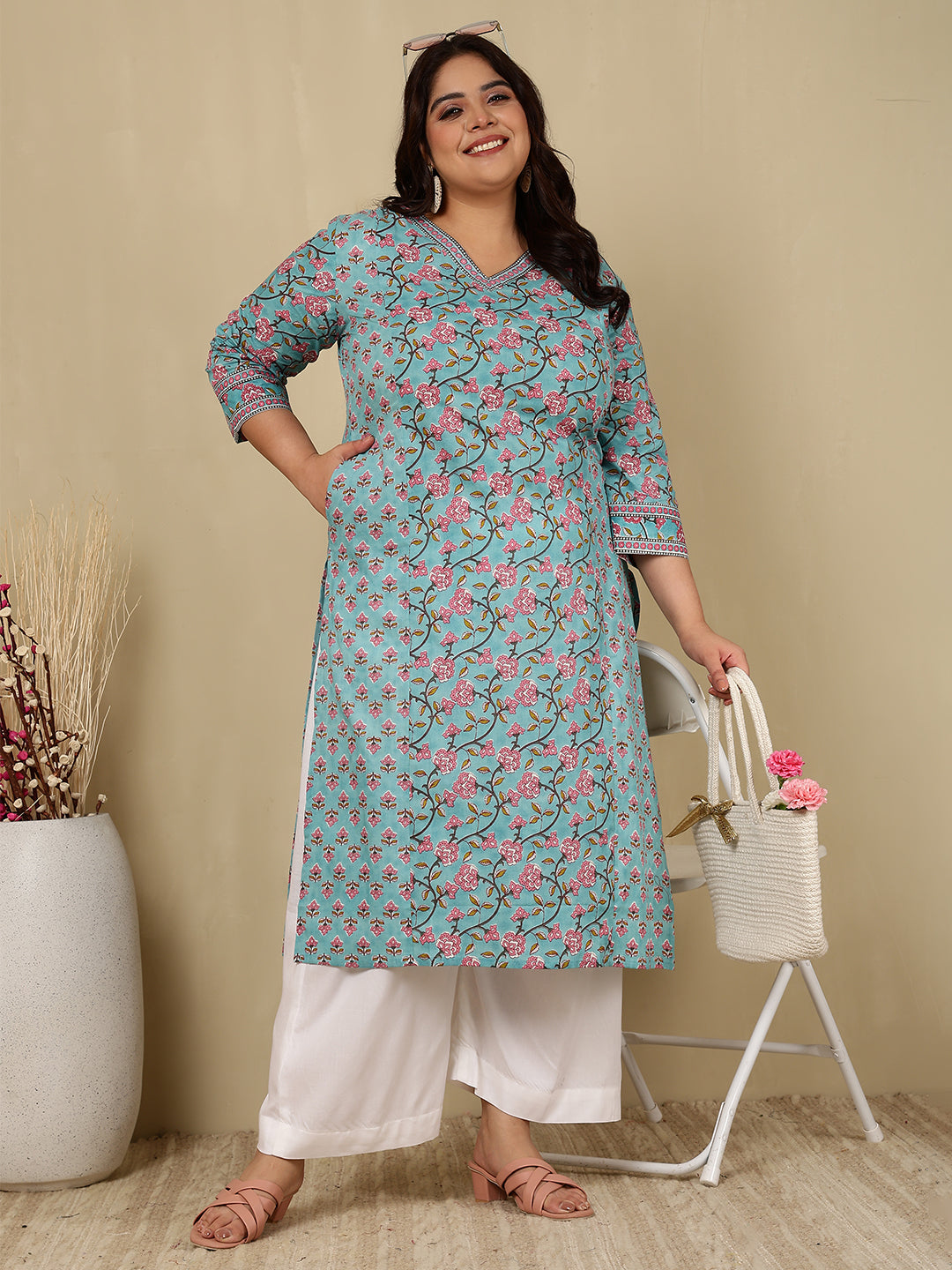 Cotton Calf Length Printed Straight 3/4 Sleeves V-Neck Kurta (Preorder)