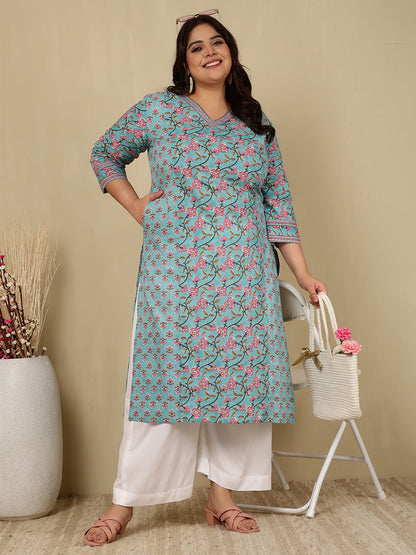Cotton Calf Length Printed Straight 3/4 Sleeves V-Neck Kurta (Preorder)