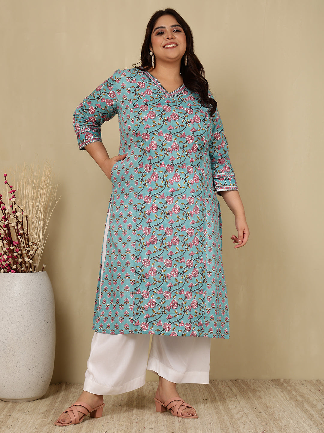 Cotton Calf Length Printed Straight 3/4 Sleeves V-Neck Kurta (Preorder)