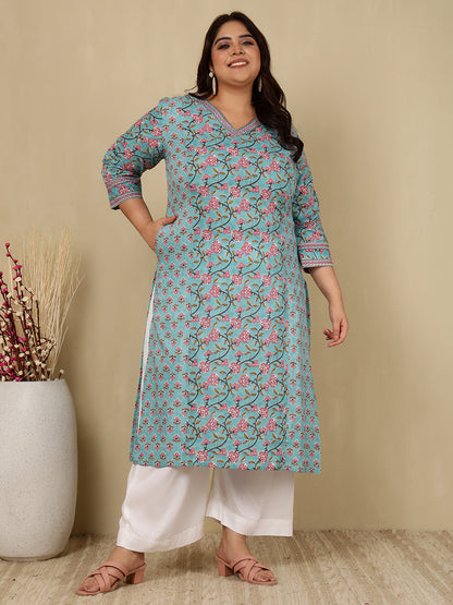 Cotton Calf Length Printed Straight 3/4 Sleeves V-Neck Kurta (Preorder)