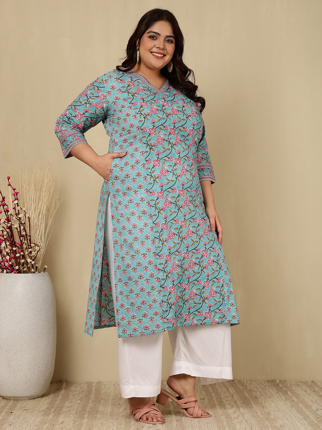 Cotton Calf Length Printed Straight 3/4 Sleeves V-Neck Kurta (Preorder)