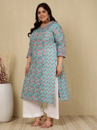 Cotton Calf Length Printed Straight 3/4 Sleeves V-Neck Kurta (Preorder)