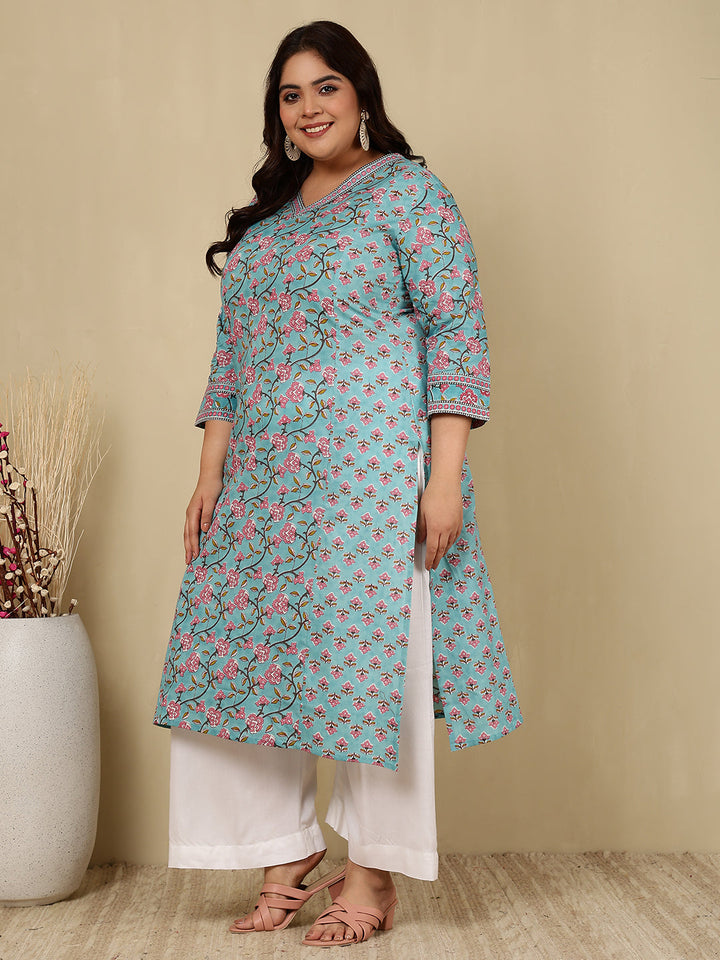 Cotton Calf Length Printed Straight 3/4 Sleeves V-Neck Kurta
