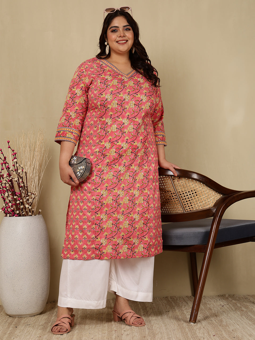 Cotton Calf Length Printed Straight 3/4 Sleeves V-Neck Kurta
