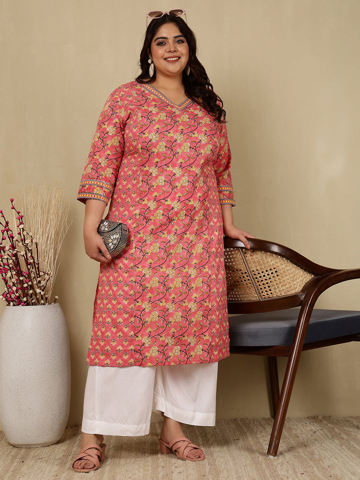 Cotton Calf Length Printed Straight 3/4 Sleeves V-Neck Kurta