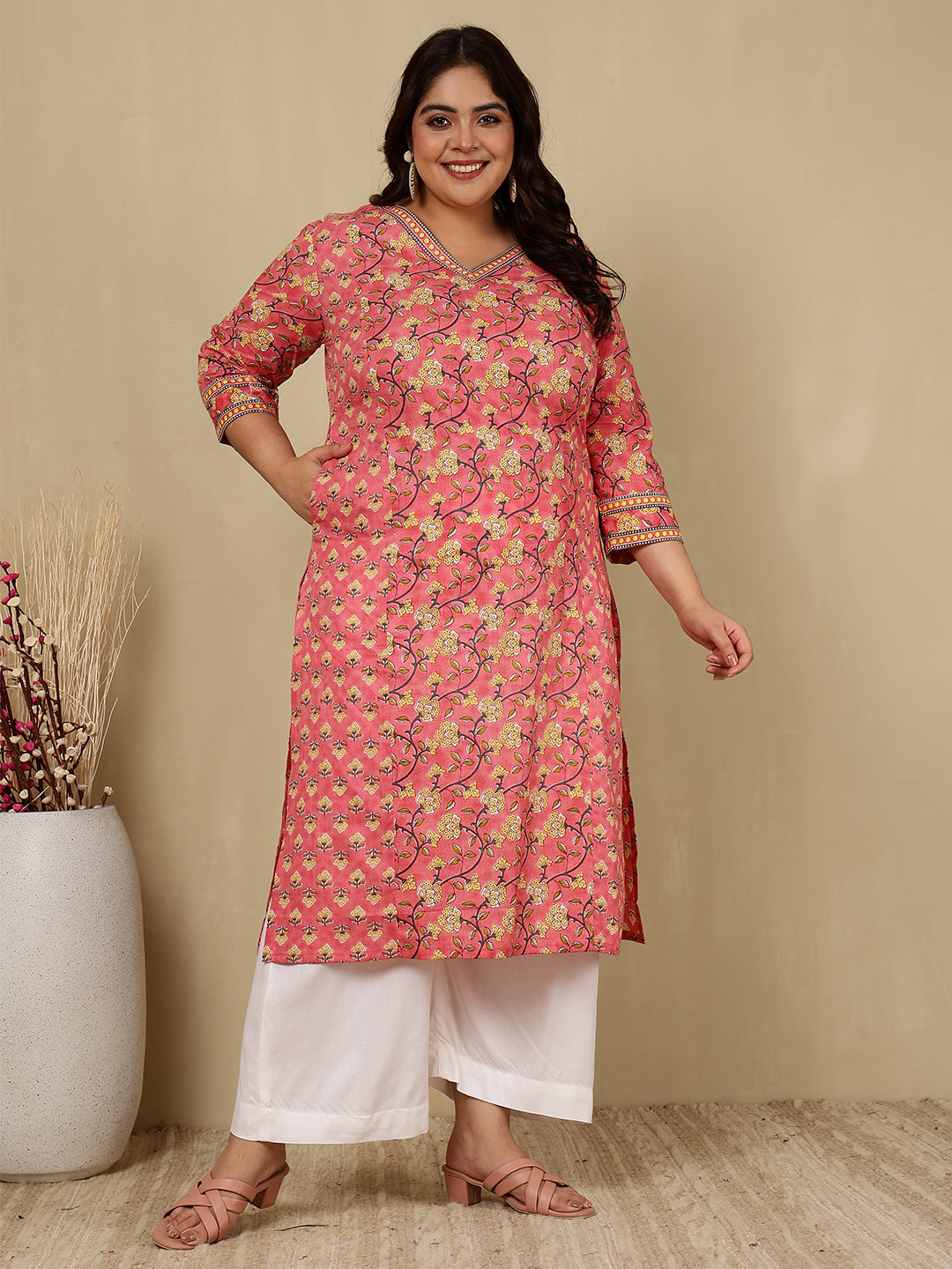 Cotton Calf Length Printed Straight 3/4 Sleeves V-Neck Kurta