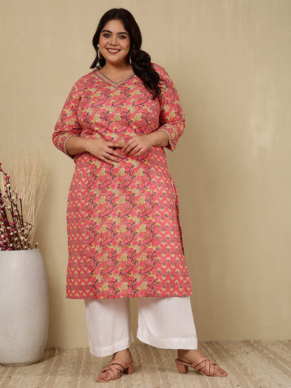 Cotton Calf Length Printed Straight 3/4 Sleeves V-Neck Kurta