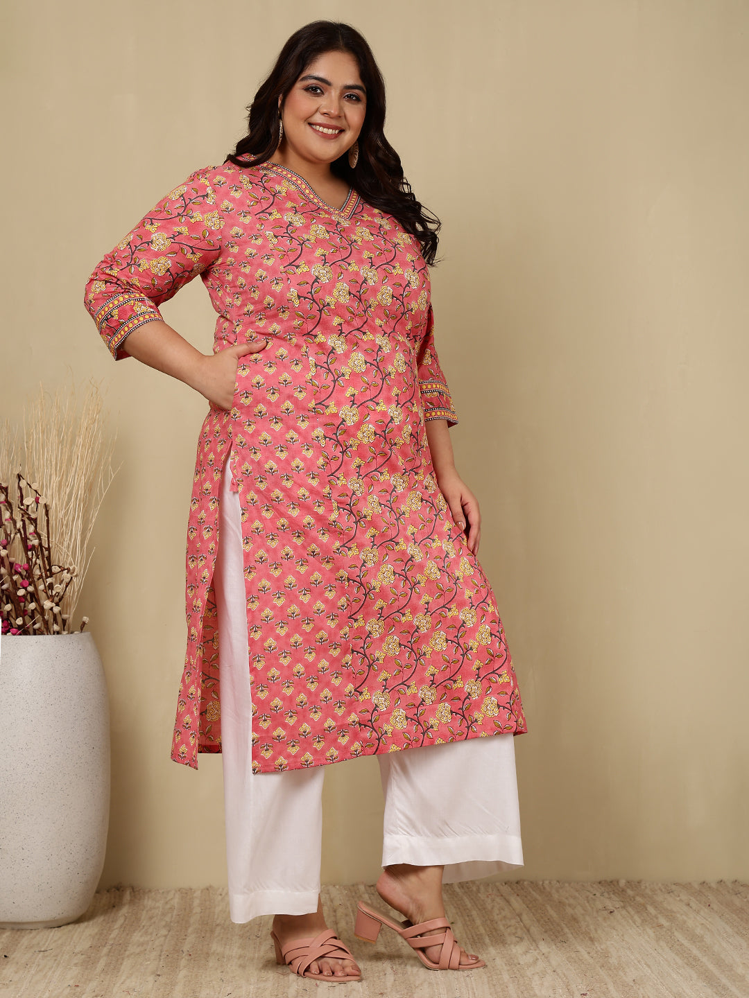 Cotton Calf Length Printed Straight 3/4 Sleeves V-Neck Kurta