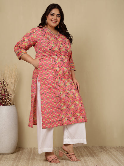 Cotton Calf Length Printed Straight 3/4 Sleeves V-Neck Kurta