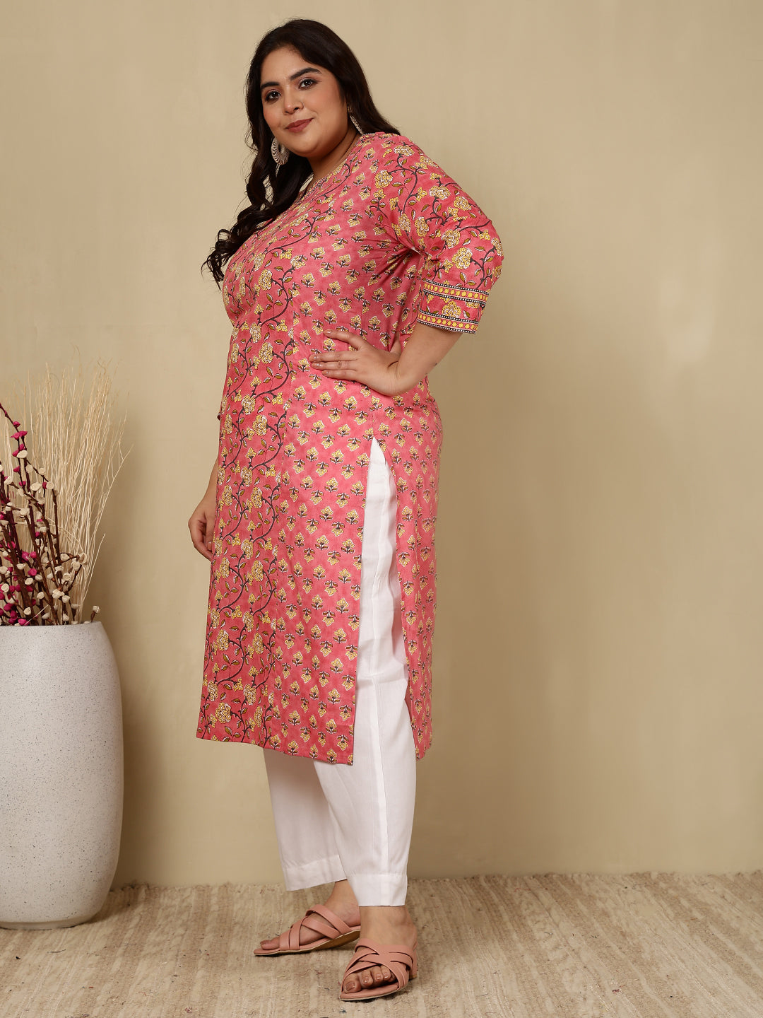 Cotton Calf Length Printed Straight 3/4 Sleeves V-Neck Kurta