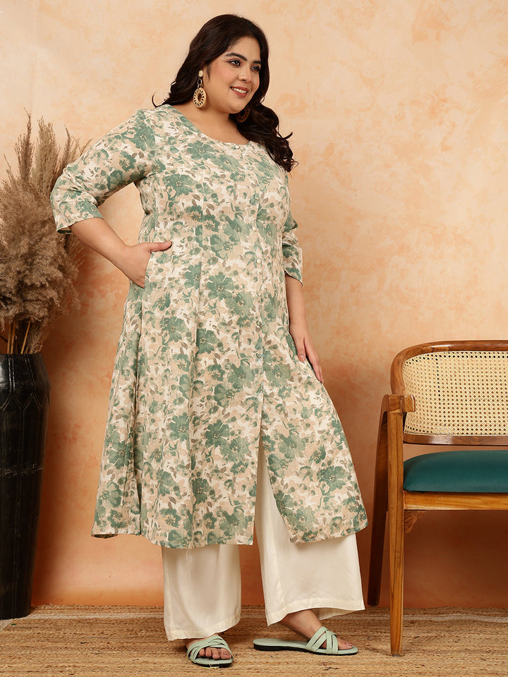 Cotton Flex Flex Calf Length Printed Straight 3/4 Sleeves Round Kurta