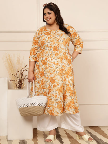 Cotton Flex Flex Calf Length Printed Straight 3/4 Sleeves Round Kurta