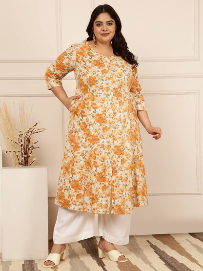 Cotton Flex Flex Calf Length Printed Straight 3/4 Sleeves Round Kurta (Preorder)