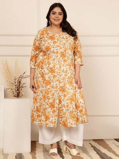 Cotton Flex Flex Calf Length Printed Straight 3/4 Sleeves Round Kurta (Preorder)