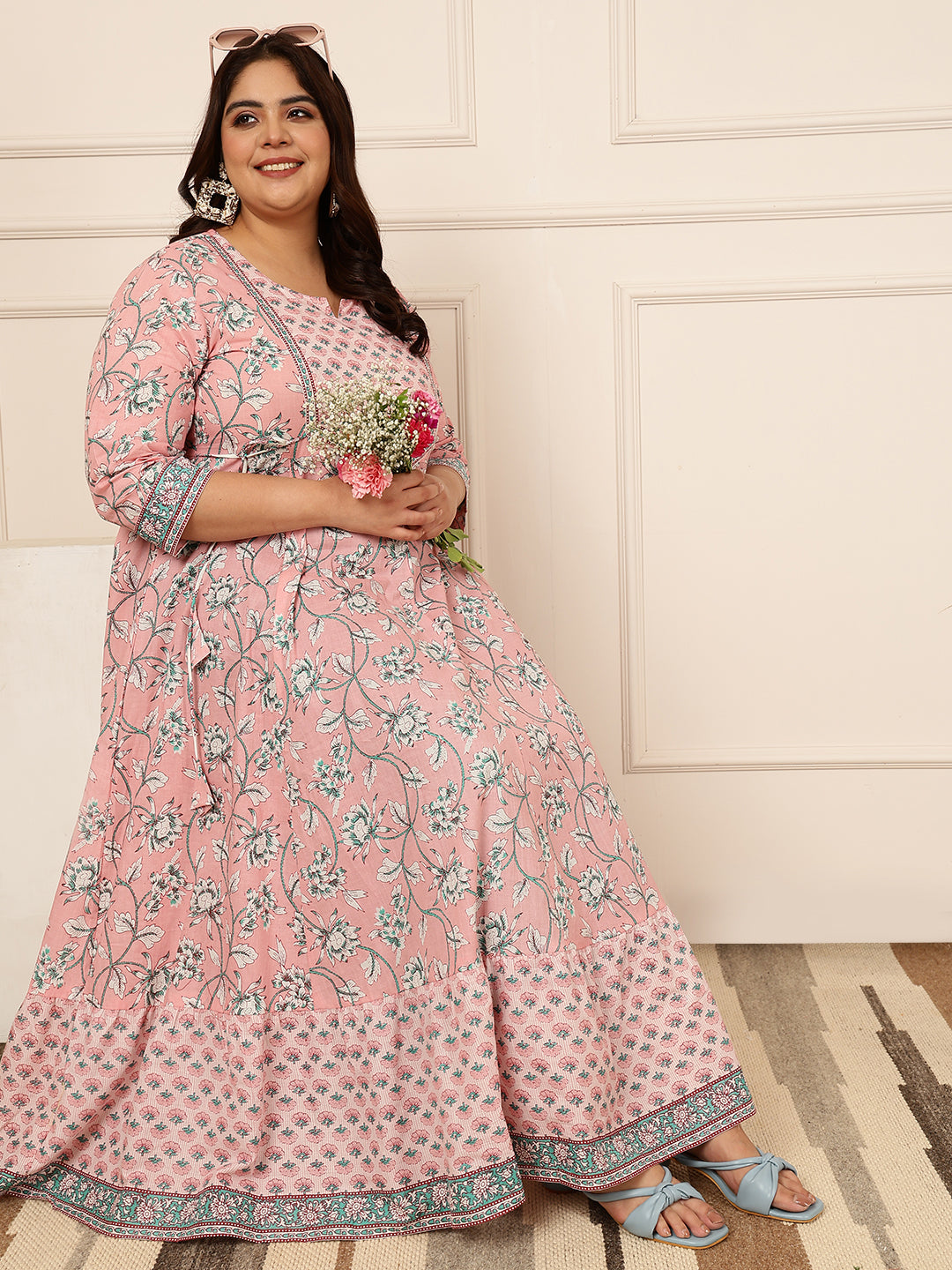 Cotton Calf Length Printed Flared 3/4 Sleeves Round Kurta