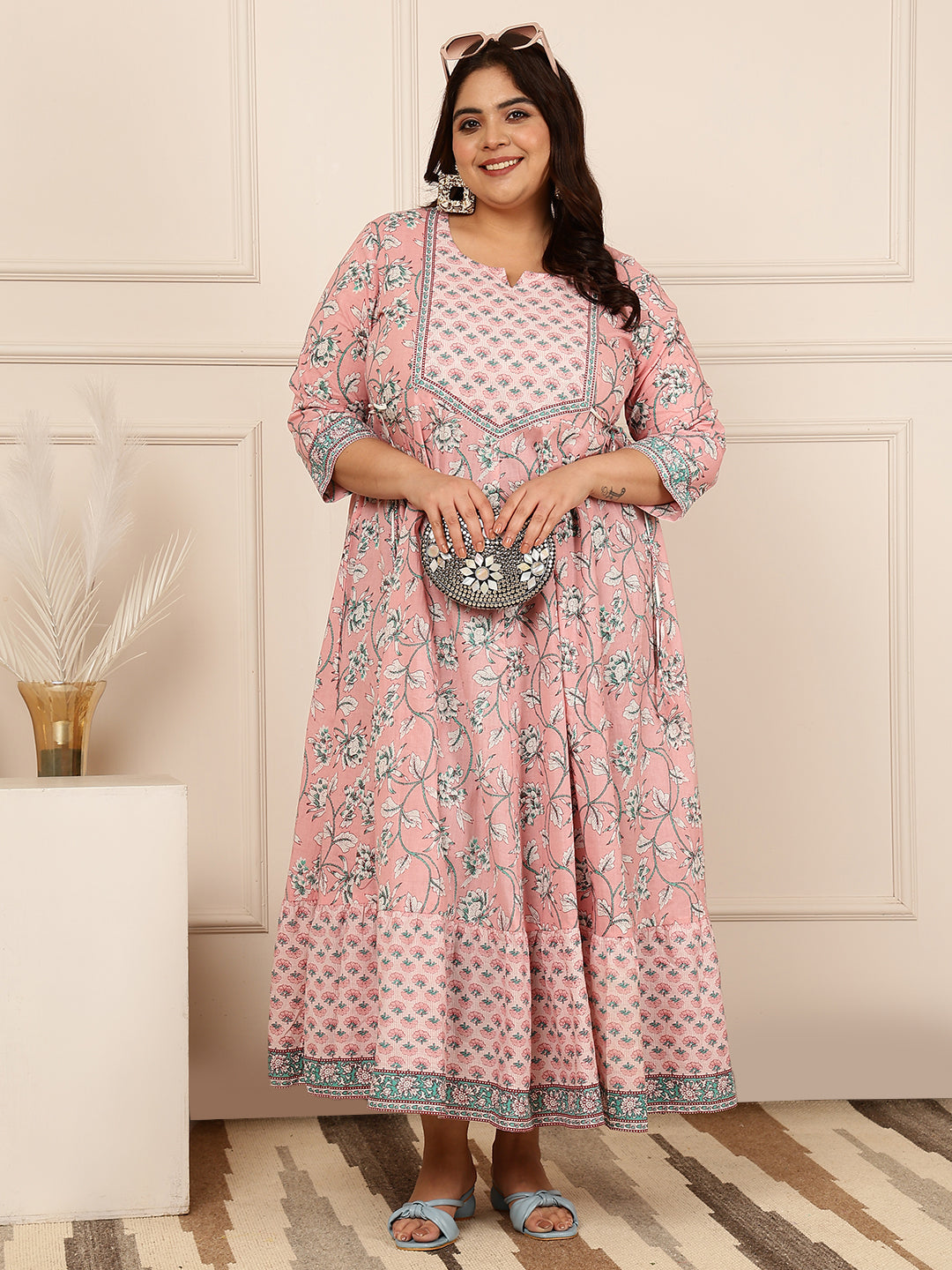 Cotton Calf Length Printed Flared 3/4 Sleeves Round Kurta