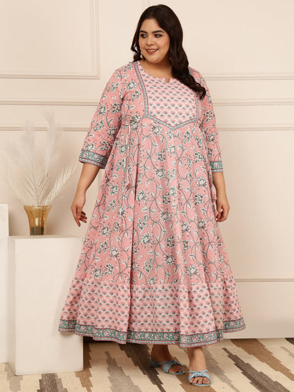 Cotton Calf Length Printed Flared 3/4 Sleeves Round Kurta