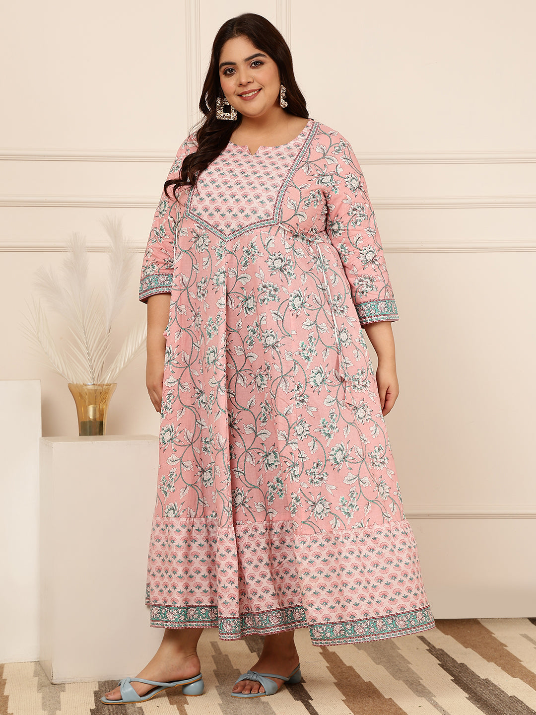 Cotton Calf Length Printed Flared 3/4 Sleeves Round Kurta