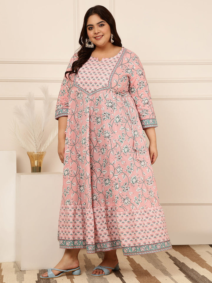 Cotton Calf Length Printed Flared 3/4 Sleeves Round Kurta