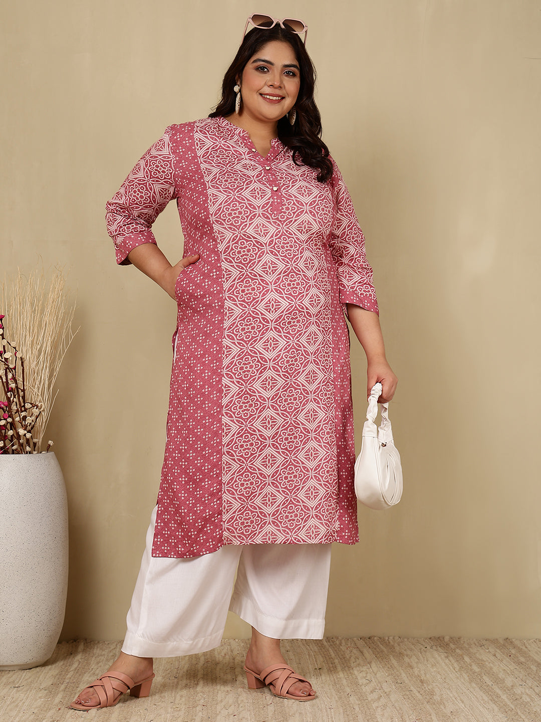 Cotton Calf Length Printed Straight 3/4 Sleeves Mandarin Kurta