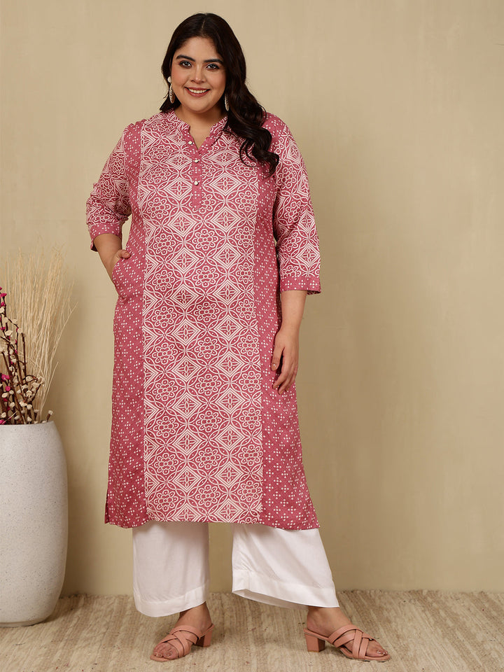 Cotton Calf Length Printed Straight 3/4 Sleeves Mandarin Kurta