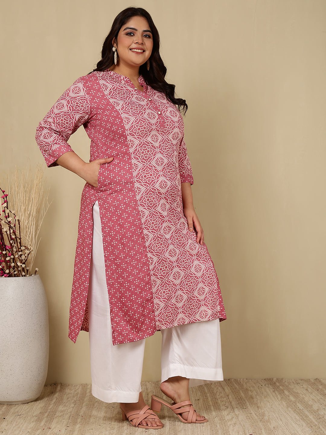 Cotton Calf Length Printed Straight 3/4 Sleeves Mandarin Kurta