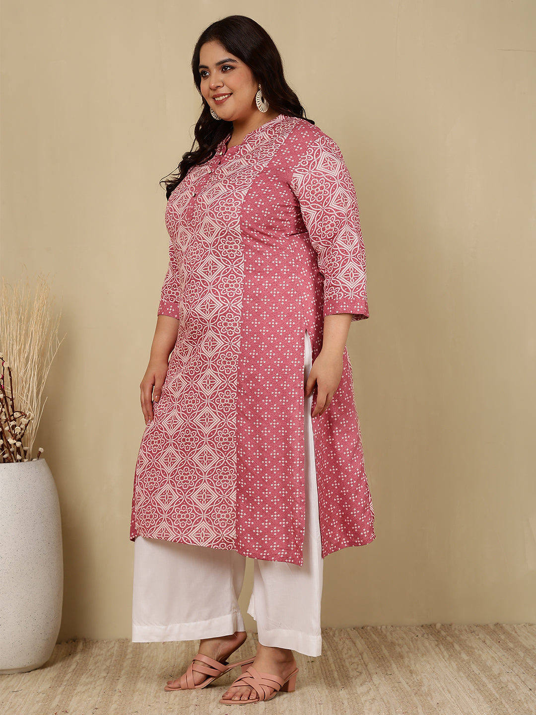 Cotton Calf Length Printed Straight 3/4 Sleeves Mandarin Kurta